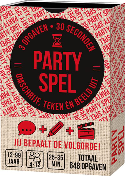 PARTYSPEL - Editie #1 - Kaartspel - Grotere kaarten in stevig ladedoosje - Pocketformaat Party en Raadspel / Tekenspel / Uitbeeldspel met 648 opgaven; omschrijven, tekenen en uitbeelden - geschikt voor grote groepen