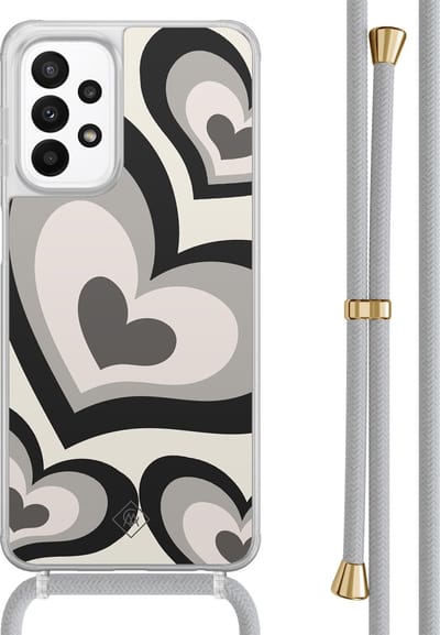 Casimoda® hoesje met grijs koord - Geschikt voor Samsung A23 - Hart Swirl Zwart - Afneembaar koord - TPU/acryl - Zwart