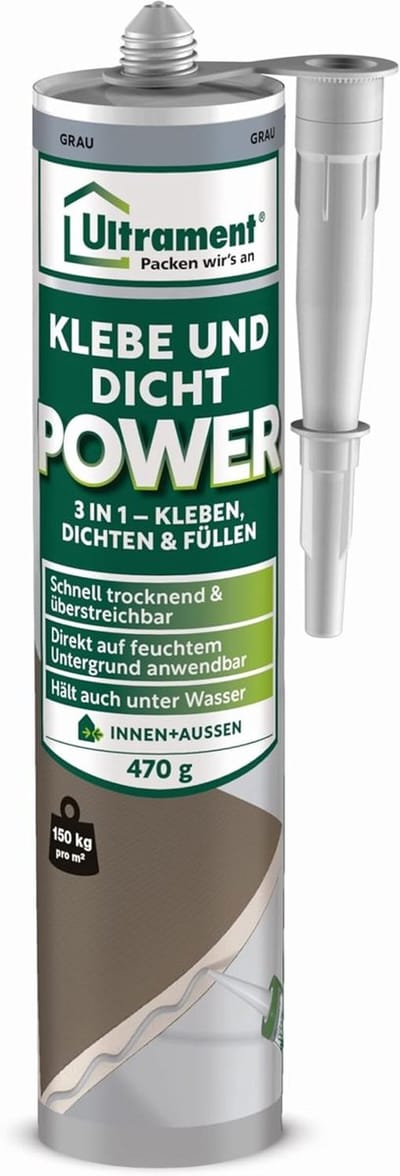 Ultrament Lijm- en Kitpoeder 470 g Grijs | 3-in-1 Verlijmen, Afdichten & Vullen | MS-polymeer, UV-bestendig, permanent elastisch, voor binnen- en buitengebruik
