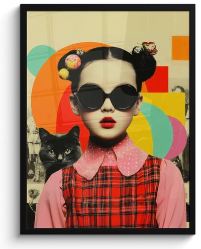 Poster in lijst - Fotolijst 60x80 cm - Posters - Meisje - Zonnebril - Kat - Retro - Posterlijst zwart - Decoratie - Wanddecoratie woonkamer - Muurdecoratie slaapkamer
