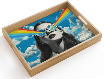 Dienblad hout 40x30 cm - Schootdienblad - Vrouw - Bril - Regenboog - Wolken - Borrelplank rechthoek - Plateau dienbladen