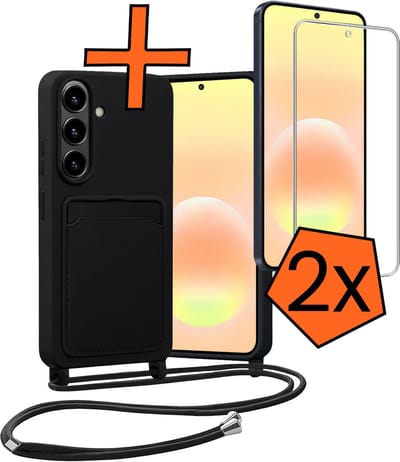 Hoesje Geschikt voor Samsung A57 Hoes Met Telefoonketting Met 2x Screenprotector - Backcover Geschikt voor Samsung Galaxy A57 Case Met Koord - Zwart