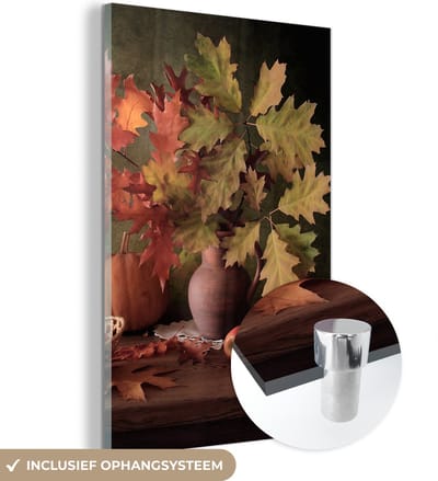 MuchoWow® Glasschilderij 120x180 cm - Schilderij acrylglas - Stilleven - Pompoen - Bladeren - Appel - Kersen - Herfst - Foto op glas - Muurdecoratie woonkamer - Wanddecoratie slaapkamer - Schilderijen