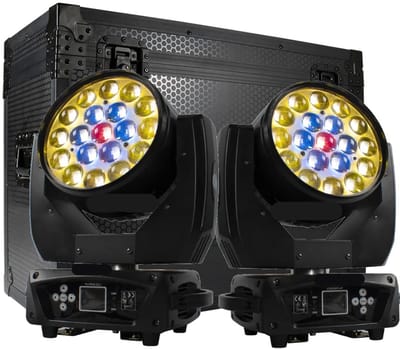 Discolamp - Party Lights - Disco licht - Party Laser - Podiumverlichting - Mini LED & Laser Party Lamp - 19x15W Zoom & DMX-compatibel - Discobal - Beam+Wash RGBW Moving Head Lich - 2 Stuks - met Flight Case