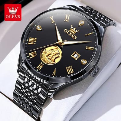 HO-6696.zw : Olevs 3 master zeilschip, zwart automatisch/mechanisch edelstaal heren horloge, 3BAR, tourbillon, luminiscerend