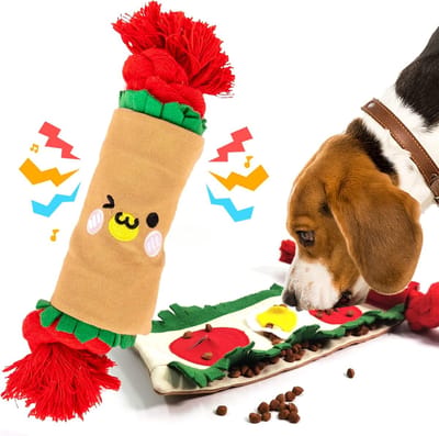 Hondenpuzzel Snuffelmat - Interactief Hondenspeelgoed - Mentale Stimulatie - Piepend Kreukel Touw - 50 cm Breed - Rood Bruin