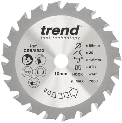 Houten Cirkelzaagblad 85mm - 10mm Boring, 20 Tanden, TCT, 1,6mm Kerf, +14° Haak