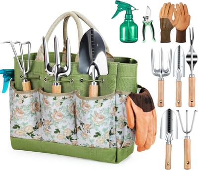 Tuingereedschap, Heavy Duty roestbestendig tuingereedschap, tuincadeaus voor dames en heren met snoeischaar en handvat opbergtas (9-delig)