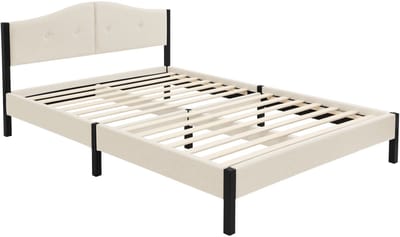 Gestoffeerd bed 140x200 cm, beige, tweepersoonsbed met stevig bedframe, bed met gestoffeerd hoofdeinde en lattenbodem, jeugdbed ML-Design
