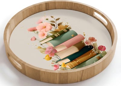 Dienblad rond 40x40 cm - Schootdienblad hout - Boeken - Stapel - Bloemen - Kleurrijk - Borrelplank rechthoek - Plateau houten dienbladen