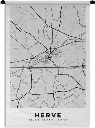 Wandkleed - Wanddoek - België – Herve – Stadskaart – Kaart – Zwart Wit – Plattegrond - 120x180 cm - Wandtapijt