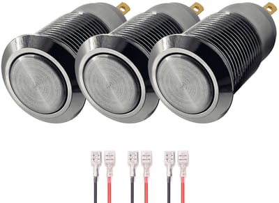 ProRide Mini Pulsschakelaar Normally Open - 12mm Metaal - 12V/24V - Platte Knop - Met Kabels - Zilver - 3 stuks