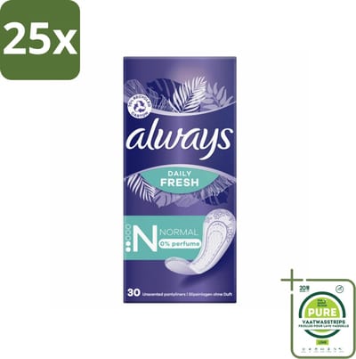 25 x Always Daily Fresh - Inlegkruisjes - Normaal - Ongeparfumeerd - 30 Inlegkruisjes - Grootverpakking - Inlegkruisjes - Always - Inlegkruisjes Normaal - Maandverband - Hygiëne