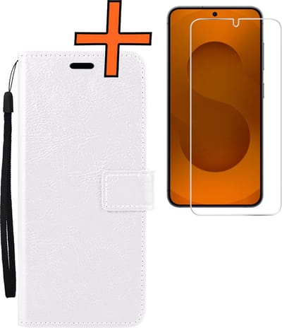 Hoes - Met Screenprotector - Geschikt voor Samsung Galaxy S25 - Luxe Pasjeshouder - Bookcase Portemonee - Flip Case - Kunstleer Book Case - Flipcase - Book Cover - Walletcase - PortemonneeHoes - Wit