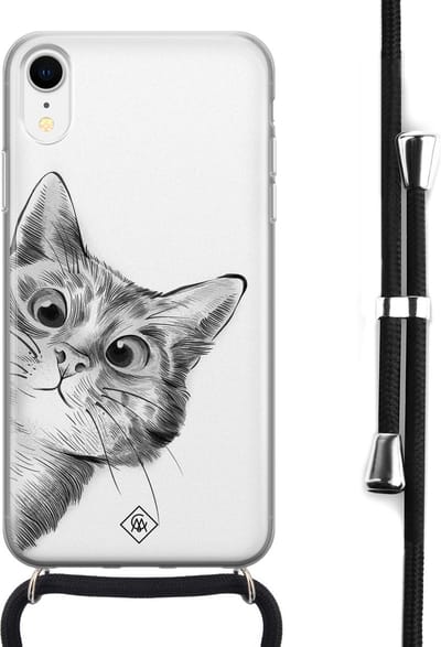 Casimoda® hoesje met koord - Geschikt voor iPhone XR - Kiekeboe Kat - Afneembaar koord - Siliconen/TPU - Wit