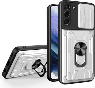 Hoesje Geschikt Voor Samsung Galaxy S22 Plus hoesje met pashouder - camera bescherming cover en ring houder – Zilver – oTronica