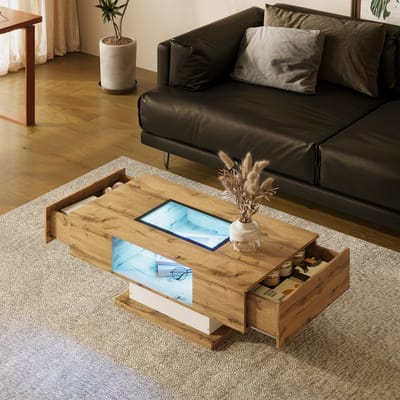 STILVORA Salontafel - Met Kleurwisselende Ledverlichting En 2 Lades - Glasplaat Met Open Vak Voor Woonkamer - Spaanplaat - 110,2x60x39,7 Cm