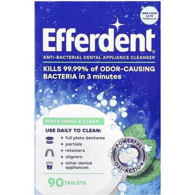 Efferdent, nettoyant antibactérien pour appareils dentaires, menthe fraîche et propre, 90 comprimés blue