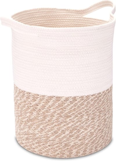 Grote ronde jute en katoenen wasmand met handgrepen - D30 cm