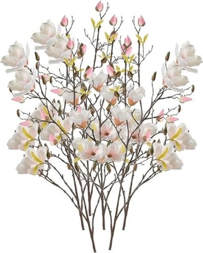 Emerald Kunstbloem Magnolia tak - 6x - 105 cm - creme wit/roze - Kunst zijdebloemen