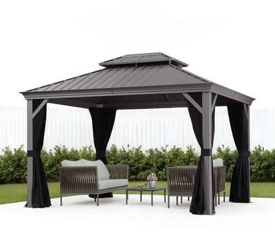 PURPLE LEAF Hardtop Aluminium Tuinpaviljoen – Dubbel dak – Hoogwaardige Gordijnen – Wind- en weerbestendig – Luxe Lichtgrijs