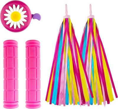 Fietsstuur Accessoires Set - Stuurdecoratie Grips Bel - Fietsen Opvrolijken - Inclusief Streamers Grips Bel - 120mm Grips - Roze