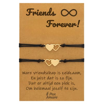 Vriendschapsarmbandjes voor 2 " Friends Forever ∞" - Hartjes - BFF Armbandjes met Persoonlijk Cadeau Kaartje - Goudkleurig - Elastisch Verstelbaar - Pax Amare
