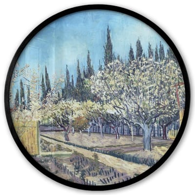 Poster in lijst Rond - Fotolijst 40x40 cm - Posters - Boomgaard tegen cipressen - Vincent van Gogh - Ronde posterlijst zwart - Decoratie - Wanddecoratie woonkamer - Muurdecoratie slaapkamer