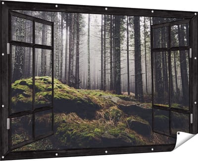 Gards Tuinposter Doorkijk Bos met Mos op Rotsen - 180x120 cm - Tuindoek - Tuindecoratie - Wanddecoratie buiten - Tuinschilderij