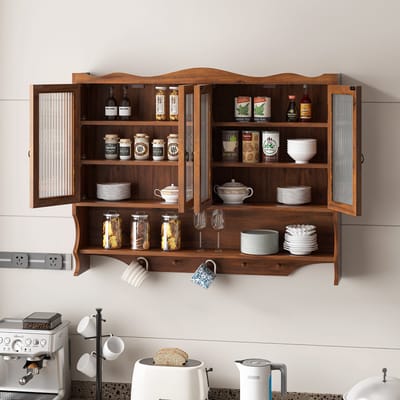 MODENUIT Wandkast - 4 Deuren En Open Haakrek Voor Keuken En Badkamer - Massief Hout En Glas - Bruin - 100x20x80 Cm