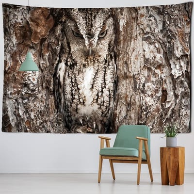 Uil Op Boom Wandkleed Abstract Mysterieus 3D Print Psychedelische Esthetiek Huis Kamer Decor 95x70CM white