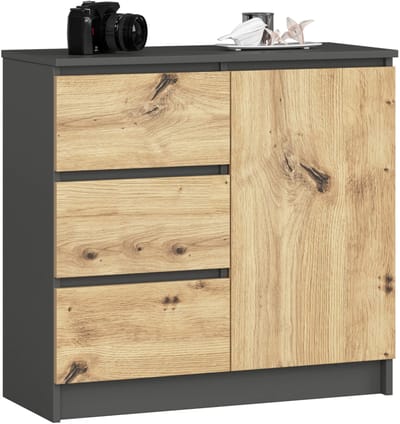 Ladekast JERRY met 3 Lades en 2 Deuren / AKORD Furniture Factory / Grafietgrijs - Eiken / 80 x 77 x 35 cm