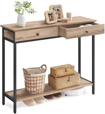 Stervia Consoletafel - Haltafel - Gangtafel - Bijzettafel - Salontafel - Verstelbare Poten - 2 Lades - Belastbaarheid 20 KG - Zwart/Grijs - 100 x 30 x 80 cm