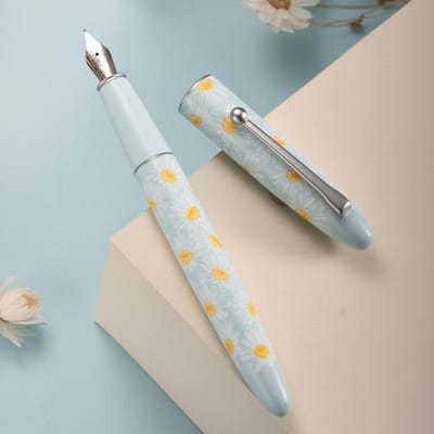 Dailygoods - HONG DIAN C3 Vulpen, Iridium Extra Fijne Zachte Penpunt Chinese Knop Snijwerk, Lichtblauw & Kleine Daisy Schilderij Ontwerp met Metalen Doos Set