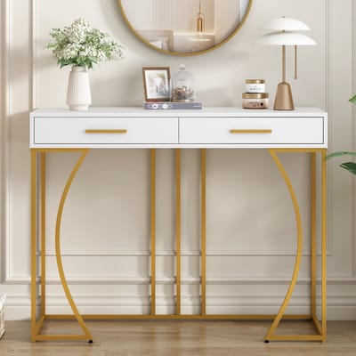 Gutent Kaptafel, Wit/Goud, met 2 laden, Lichte bijzettafel in luxe stijl, 120x38x76 cm