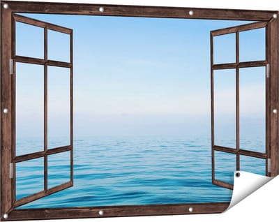 Gards Tuinposter Doorkijk Zee met een Blauw Hemel Achtergrond - 120x80 cm - Tuindoek - Tuindecoratie - Wanddecoratie buiten - Tuinschilderij