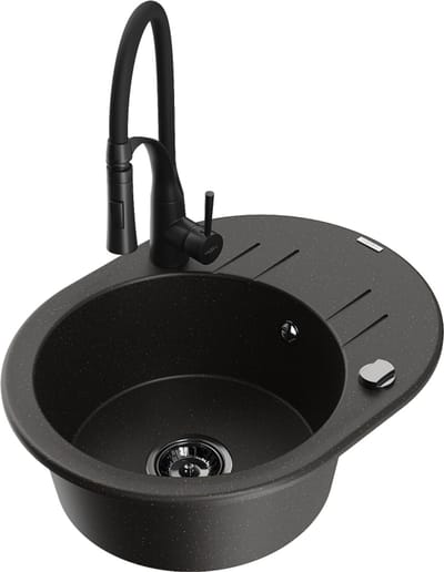 Mexen Kevin granieten spoelbak met 1 bak, afdruiprek en Aster keukenkraan, zwart/gouden metallic - 6517-75-73450-70-B