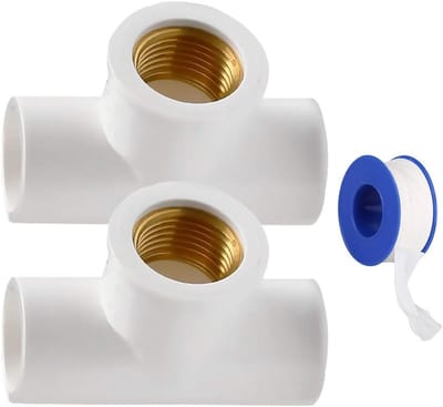 Twee PVC buisconnectoren met vrouwelijke draad, 20 mm - T-stukken met installatieafdichtband en binnendiameter 25 mm, ideaal voor leidingen en waterafvoer.