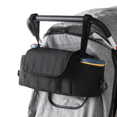 Kinderwagenorganizer, universeel, met geïsoleerde bekerhouder, kinderwagentas, babyaccessoires, met ritsvak, schouderriem en grote opbergruimte voor luiers en telefoons,Zwart 2