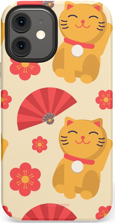 Casetastic hoesje geschikt voor Apple iPhone 12 Mini - Dubbellaagse bescherming - Japanse Poezenvreugde - Lucky Cats - Fashion Case - Crème Koraal Goud