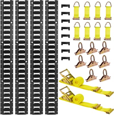 E-Track Vastzetrails Set, 4 Pack 2.3 m Rails, Inclusief 2 Ratelschroefbanden, 8 O-Ringen, 8 Vastzetpunten Met D-Ring en 8 Eindkappen, Geschikt voor Garages, Vans, Aanhangwagens en Motorcycles