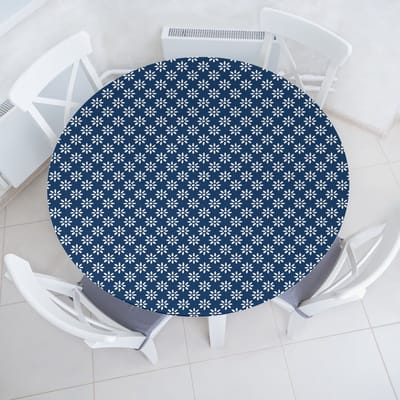 New Bed Marineblauw Madeliefachtige Bloemen Rekbare Ronde Tafellaken, Elastische Stof Tafelhoes rondom 91 cm - 102 cm Diameter