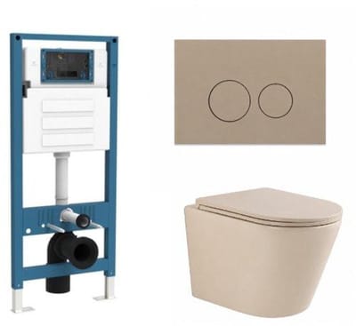 QeramiQ Dely Toiletset - inbouwreservoir Qeramiq Flush - slim zitting - kunststof taupe bedieningsplaat - ronde knoppen - beige