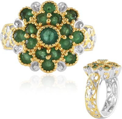 Cavill - Elegante Zilveren Ring 925 Sterling met 17 Zambia Smaragden 1,368 Ct - Luxe Bloemring - Palladium Luxueus Design