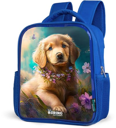 NoBoringSuitcases.com® - Rugzak blauw - Schooltas jongens - Goudkleurige puppy in het gras - Kinder rugtas jongen - Boekentas kind - Kinderrugzak voor school - Schoolrugzak