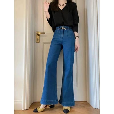 Retro Blauwe Flare Jeans voor Dames In Lente en Herfst Nieuwe Strakke en Slanke en Veelzijdige Oude Uitlopende Broek 2XL gray