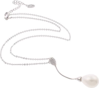 Mother of Pearl parelketting White Dangling Pearl - wit - zilver - stras steentjes - ketting met hanger - luxe sieraden zakje - parelketting dames - witte parelketting