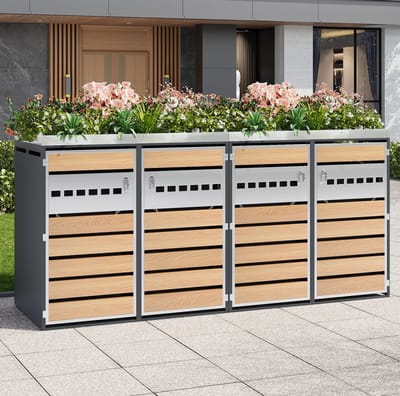 MEUNIQ containerberging voor 4 containers met bloembak 132 x 80 x 124,5 cm, afsluitbare deuren, ventilatieopeningen, voor tuin en buitenruimte, grijs en houtkleur