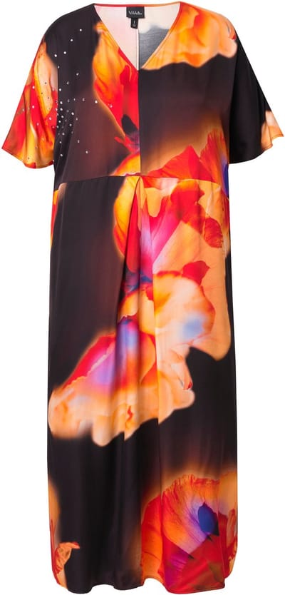 Ulla Popken - Dames - Satijnen kaftan bloemen siersteentjes V-hals - Zwart - Maat 2+