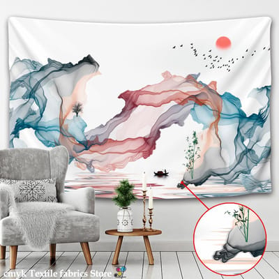 Tapisserie murale à l'encre de Chine, paysage, lever de soleil, coloré, bohème, simple, décor de fond pour chambre à coucher 95x70CM gray